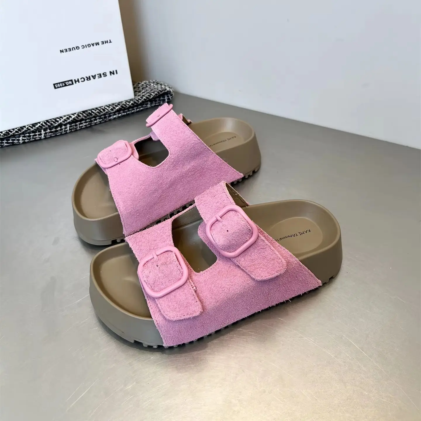 Beach Slippers Women's Genuine Leather Thick Soled Slippers Summer Outside Double Belt Buckle Women Sandals Pantuflas De Mujer view 4