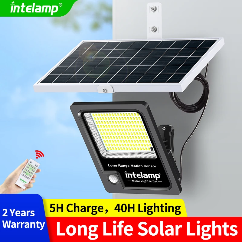 Projecteur solaire extérieur Intelamp 12000 mAh à longue autonomie avec panneau solaire super large pour une charge plus rapide, deux capteurs de mouvement pour une détection prolongée, idéal pour jardin et rue