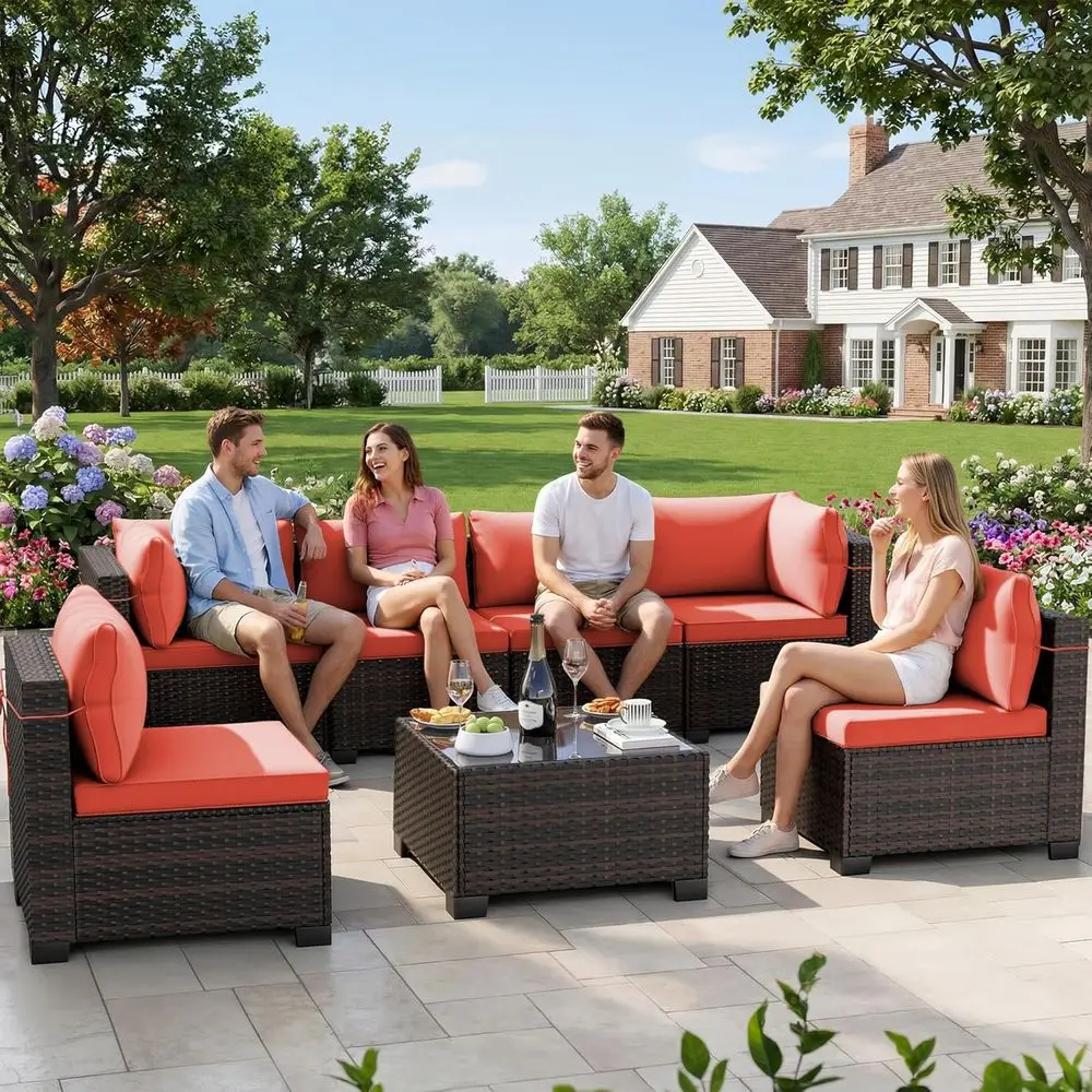 7-Piece Outdoor Patio Furniture Set, Rattan Wicker Sectional with Manual Weave and Tea Table, Orange-red