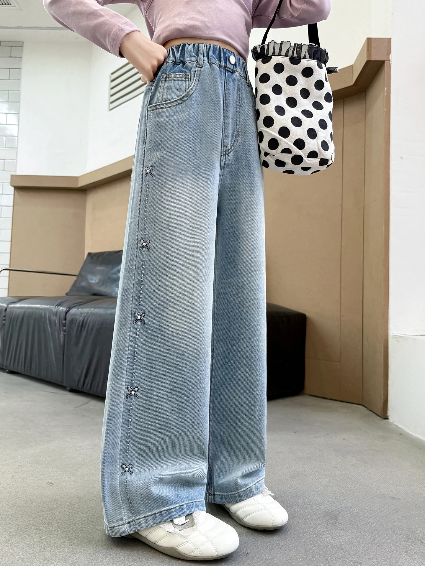 

Spring Autumn Girls Jeans Reflective Knot Wide Leg Pants Casual Sle l Waist Denim Fabric Faionable Kids C...