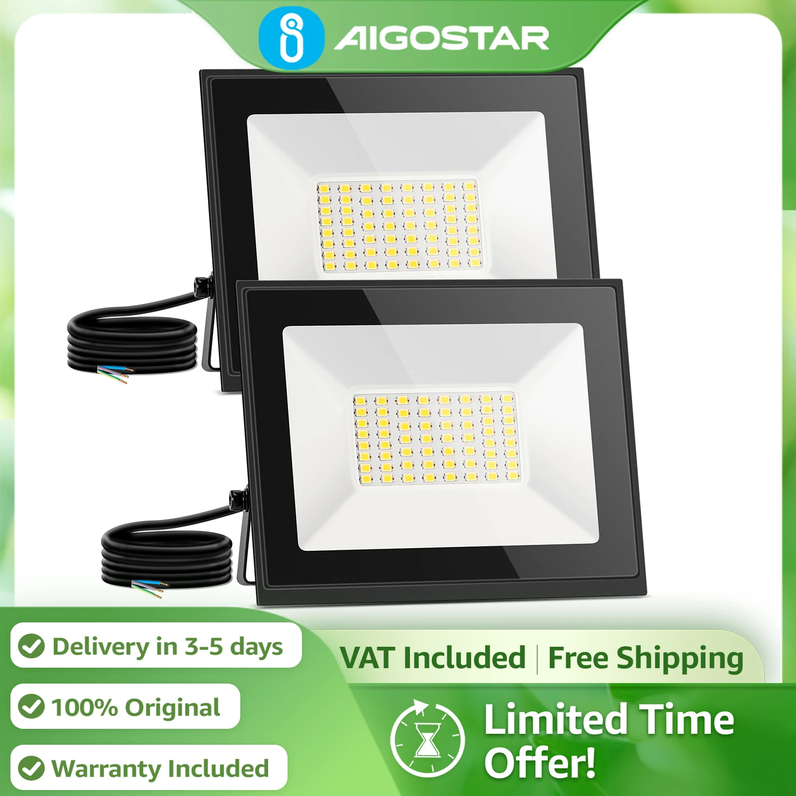 Aigostar Proyector LED 30W 2700LM IP65 | Luz Natural 4000K Interior/Exterior (Pack de 2)