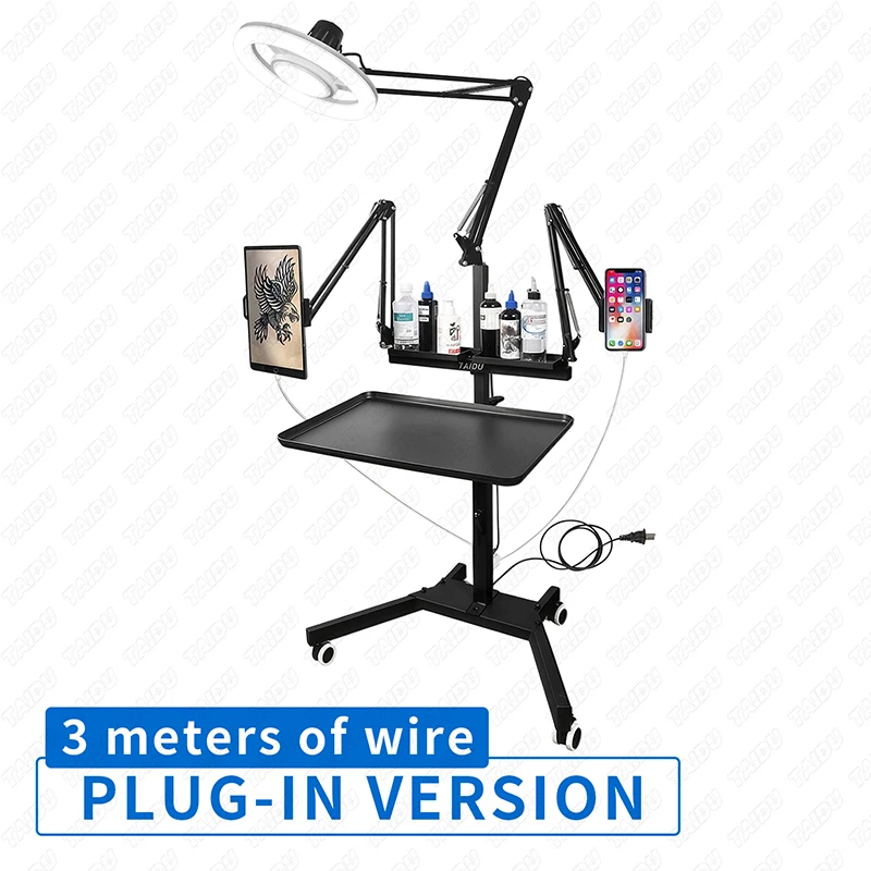TAIDU Tattoo Werkstation Met Opvouwbare Mobiele LED-lamp 60W Telefoonhouder Tattoo Tray Tafel Met Nagellamp Tattoo Werkwagen