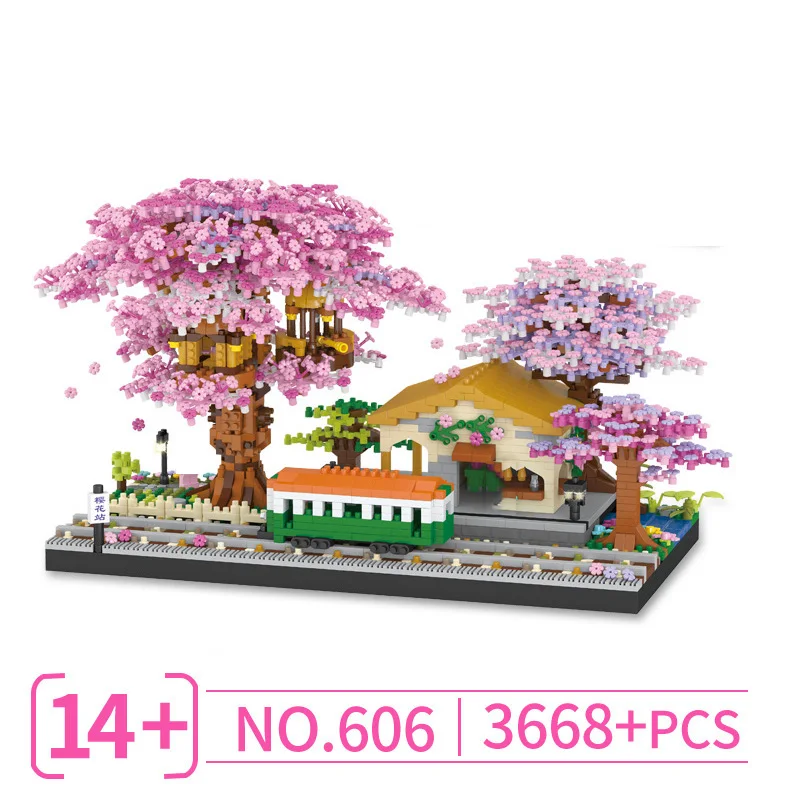Idea Nanobricks Sakura Building Brick Cherry Blossom Stazione ferroviaria Micro Diamond Block Train Street View Giocattoli per regali