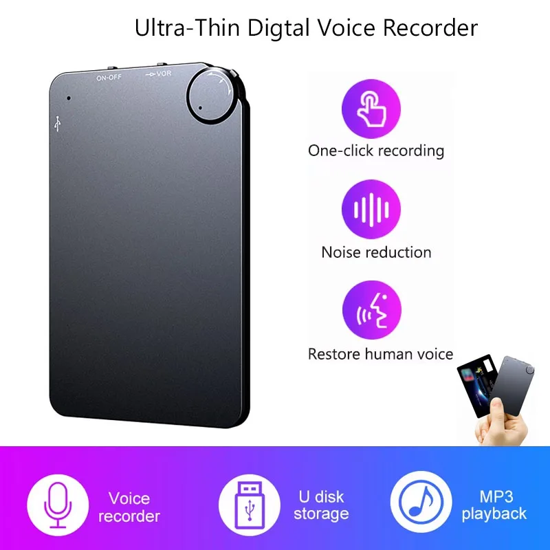 Ultra-Thin Card Portable Digtal Voice Recorder Intelligent Noise Reduction USB Flash Drive Dictaphone Sound Record MP3 Playe