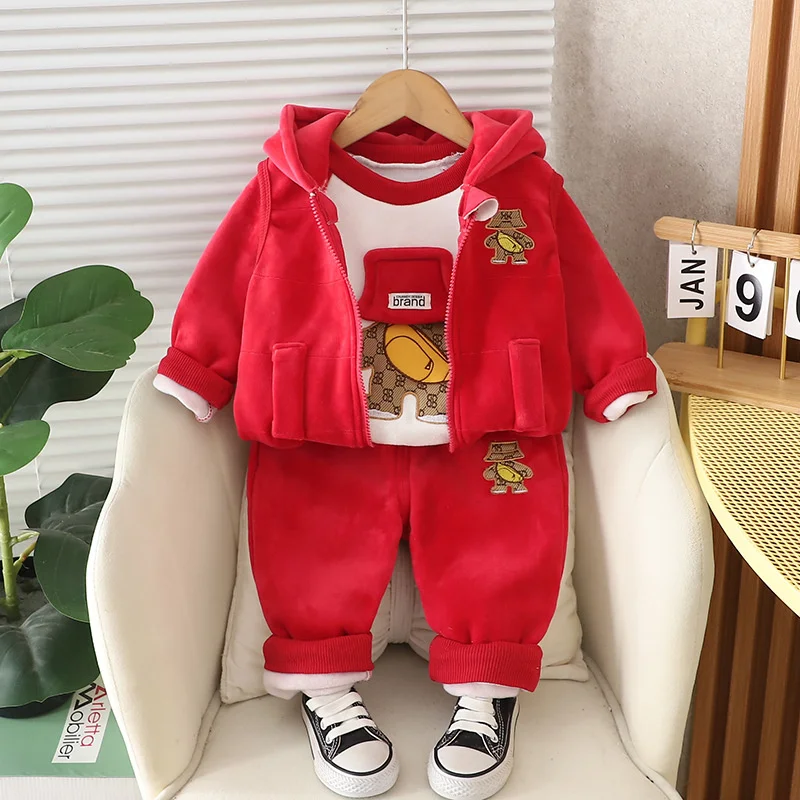 New Winter Cartoon Clothing Sets Autumn Boys Girls Cotton Outfits Baby Thick Plus Velvet Warm Hooded Suits kids Cute Bear 3Pcs