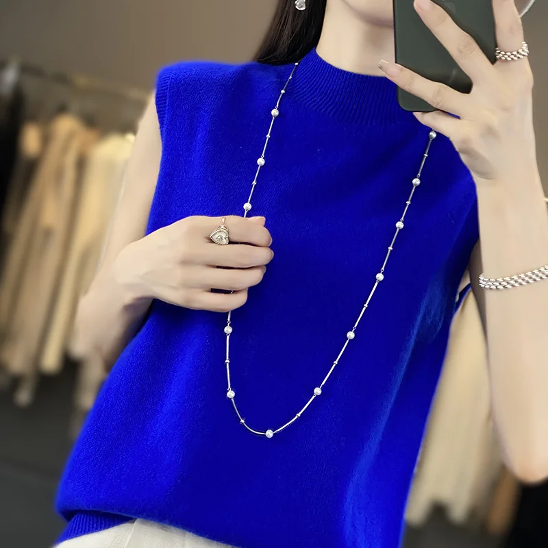 Ärmelloser Pullover aus 100 % reiner Merinowolle für Damen, halbhoher Kaschmir-Strickpullover, einfarbig, High-End-Casual-Top WQ811