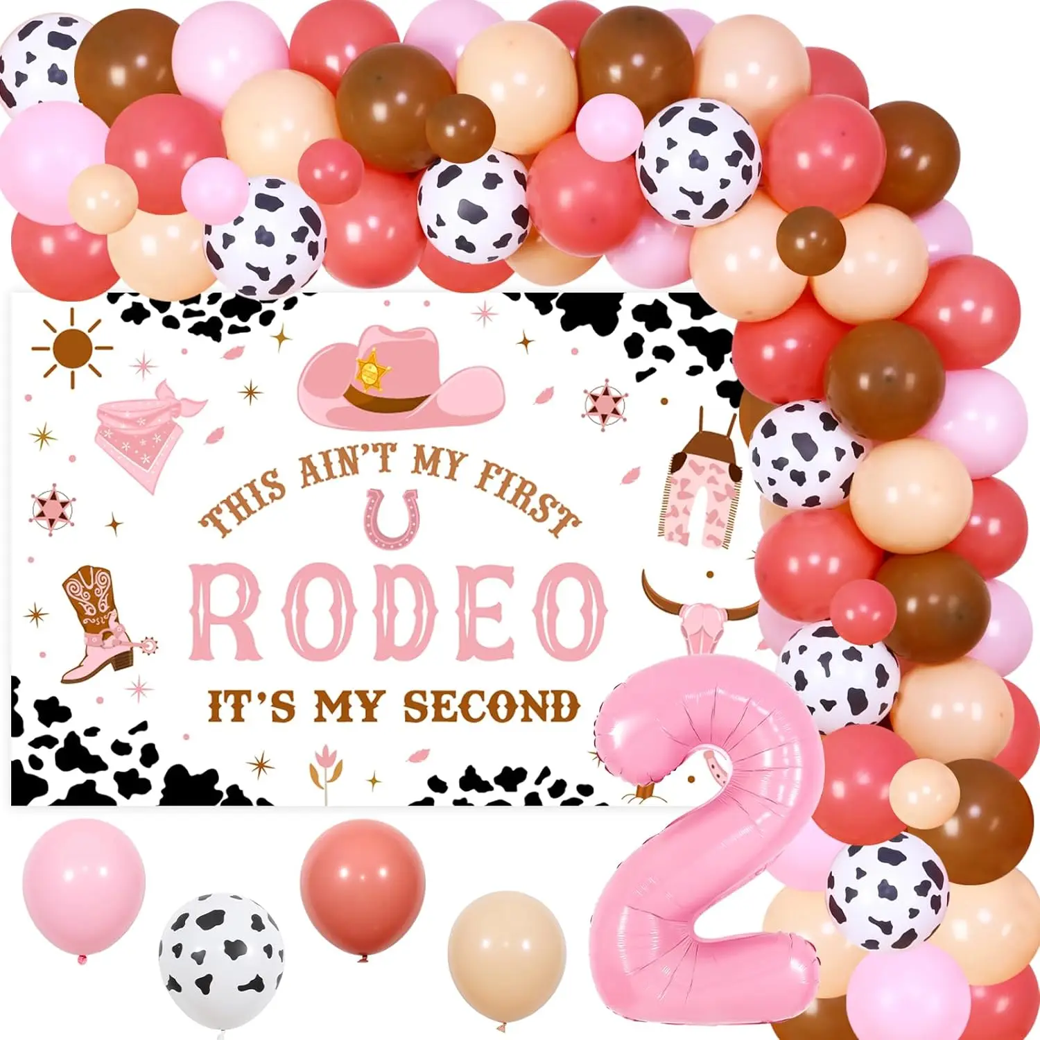 

My 2nd Rodeo Birthday Decor Boho Cowgirl Balloon Garland Arch Kit with This Ain't My First Rodeo Its My Second Birthday Backdrop