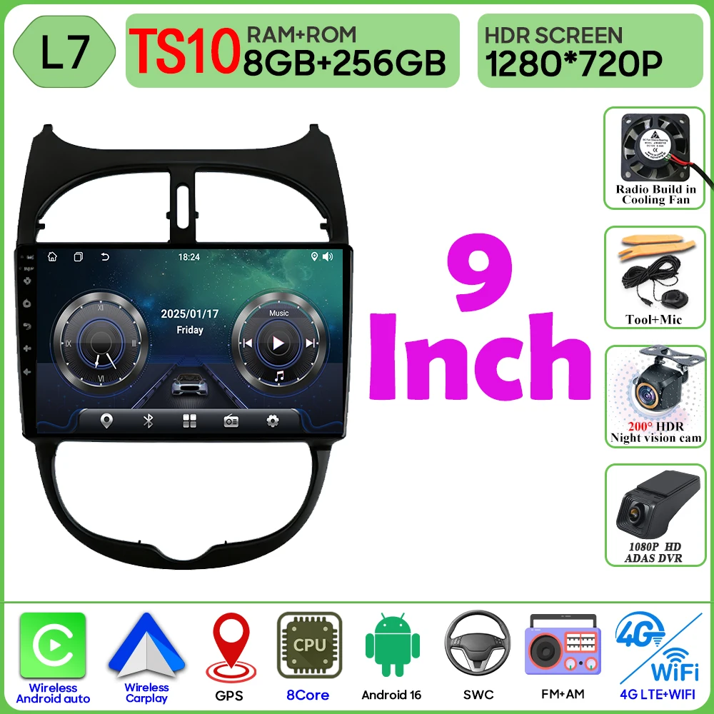Android 16 autoradio voor Peugeot 206 206CC 1998-2012 autoradio Bluetooth 4G Wifi GPS navigatiescherm draadloze Carplay monitor