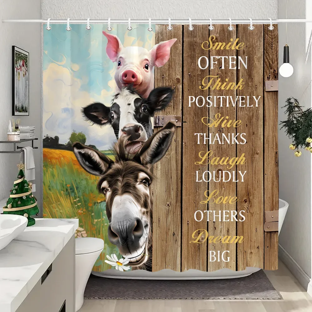 Farm Animals Highland Cattle Shower Curtain Rustic Rustic Farmhouse Plank Vintage Style Washable Shower Curtains Bathroom Decor