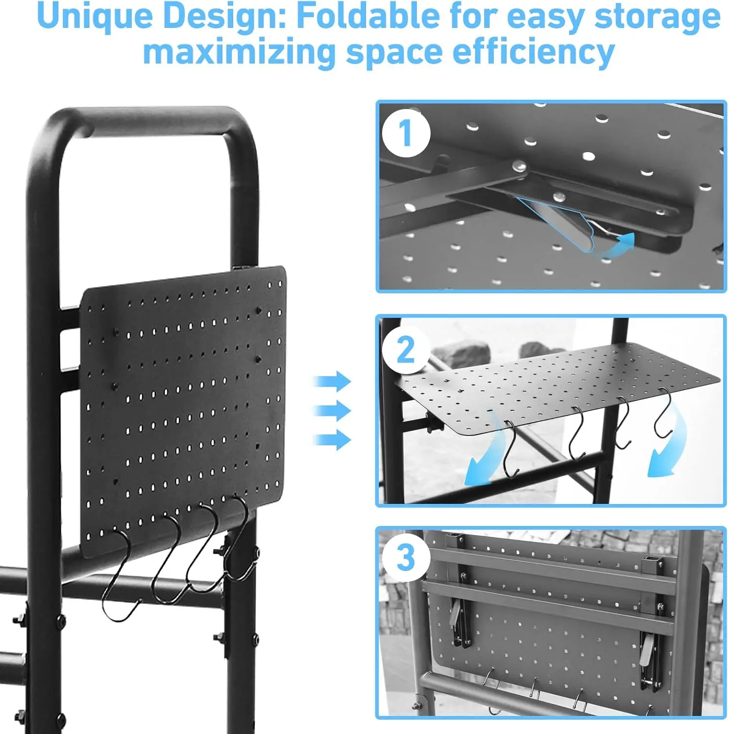 Regulowany metalowy stojak na opony z składaną tablicą narzędziową, 4 kółka obrotowe, wysokość 150 cm, udźwig 300 kg do przechowywania w garażu