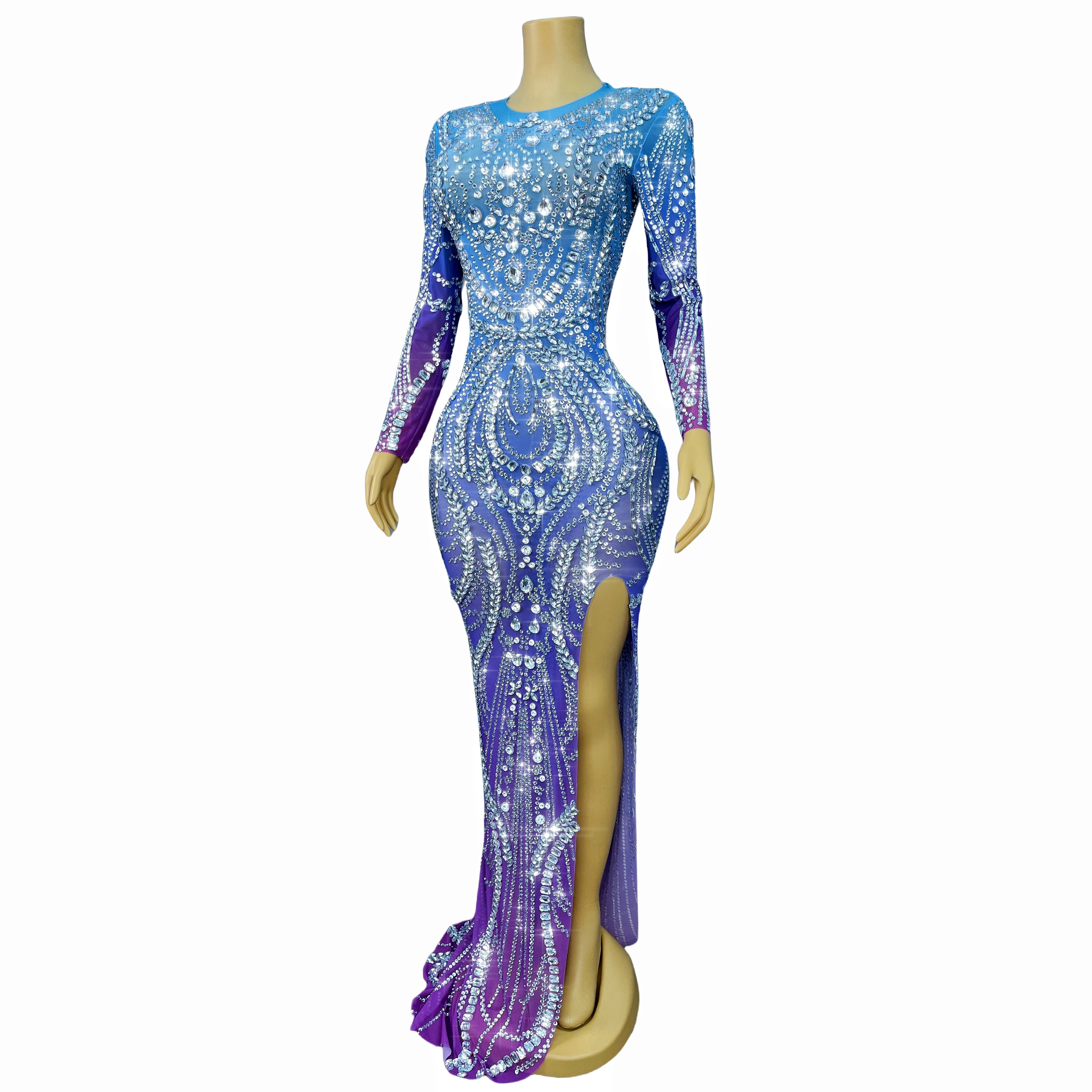 夢のようなグラデーションカラー輝くシルバーラインストーントリムフィットスプリットドレス女性パーティーイブニングドレスレッドカーペットステージ衣装 Fuling