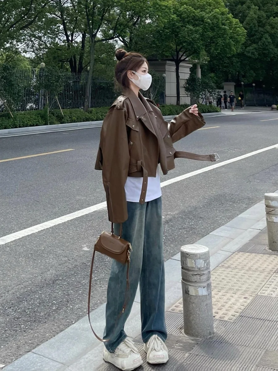 เสื้อแจ็คเก็ตหนัง PU สีน้ำตาล คอปก ทรงหลวม สำหรับผู้หญิง สไตล์ลำลอง ใส่ทำงาน แบรนด์ PmORh สำหรับเด็กอายุ 8-24 ปี