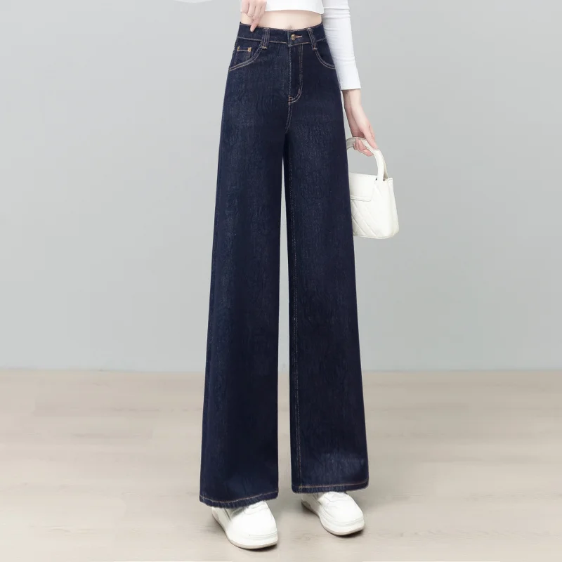 Jeans denim blu scuro nuovi pantaloni dritti drappeggiati lunghi fino al pavimento a vita alta dimagranti larghi autunnali