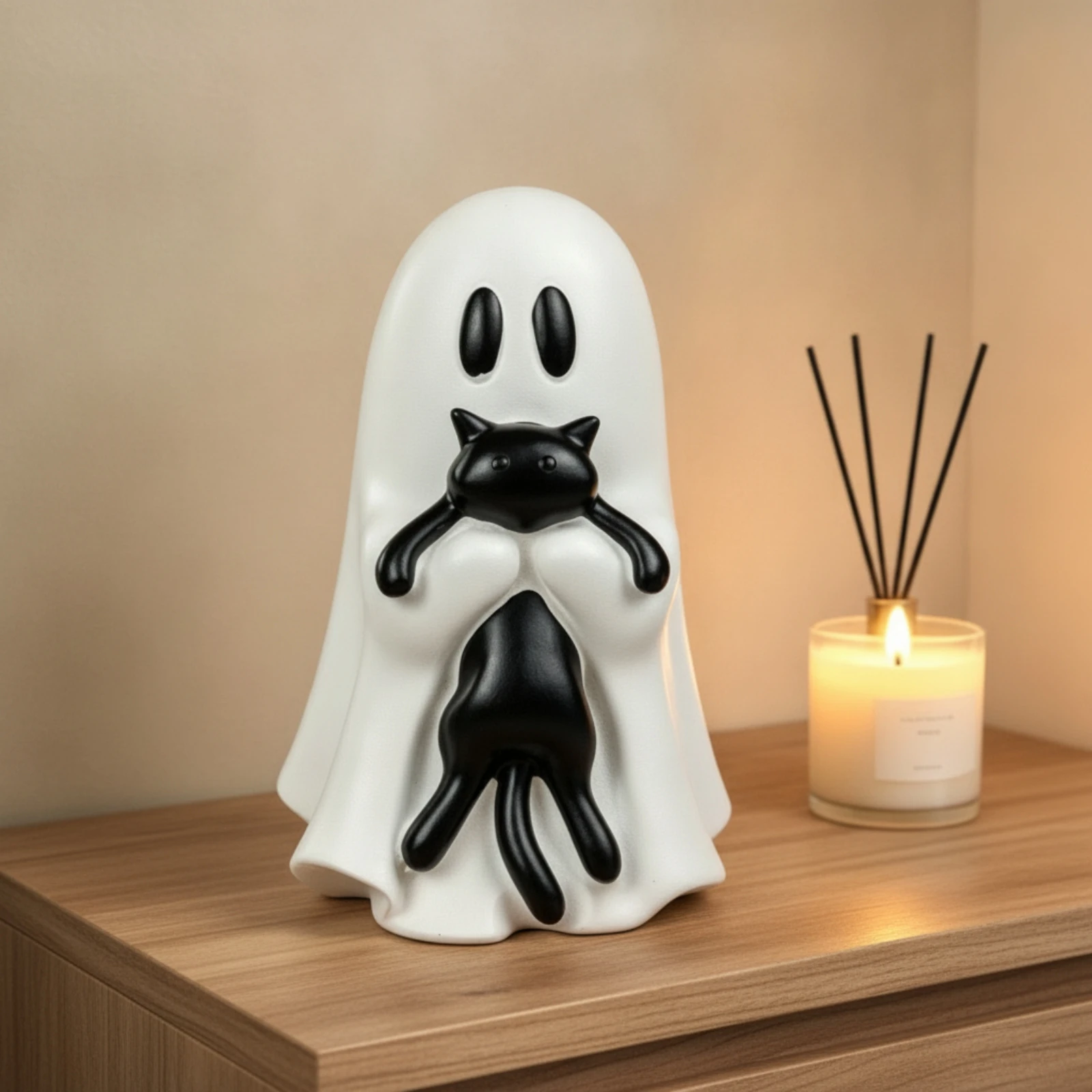 Ghost with Black Cat Festive Ghost Cat Figurine Decoration Spooky Decor Adorable for Shelf, Desk view 4