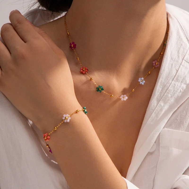Handmade Stainless Steel Summer Sea Themed Necklace And Bracelet with Colorful Artificial Crystal Flowers Chain Jewelry Gift