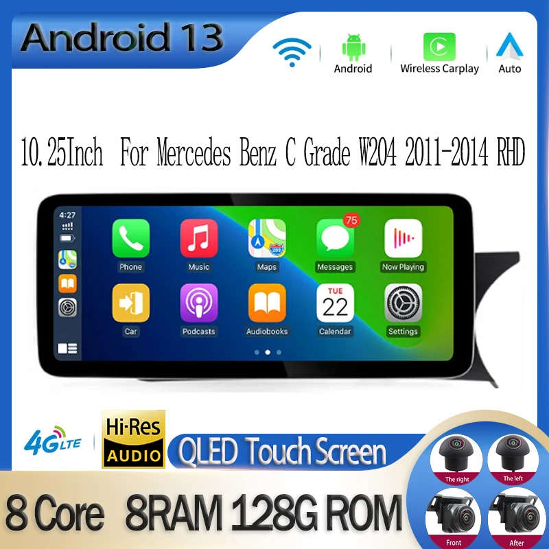 10.25Inch Touch Screen Android 13 For Mercedes Benz C Grade W204 2011-2014 RHD Car Radio Multimedia Video Player Stereo Navi GPS