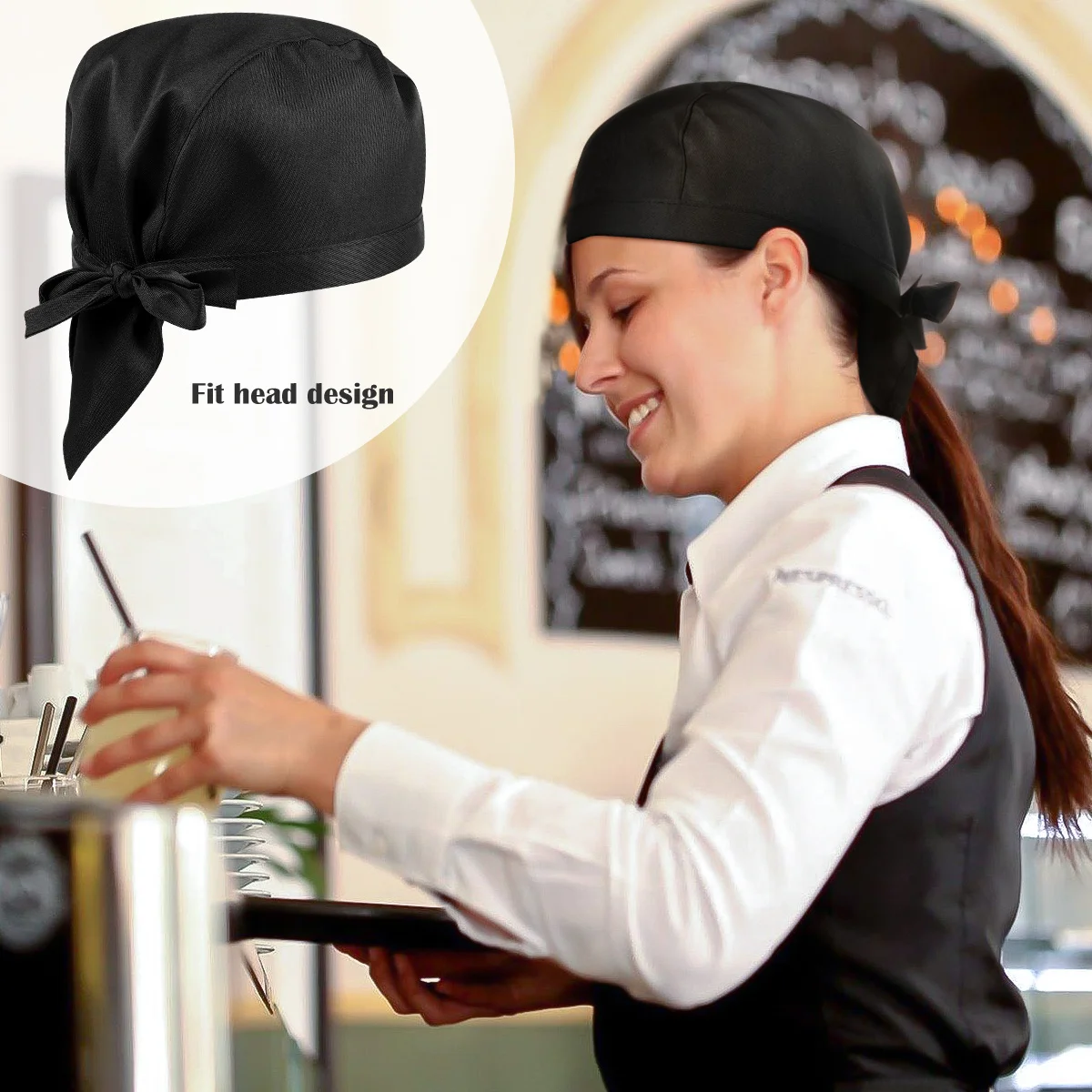 Bbq Cooking Hat Black Adjustable Ribbon Design Chef Cap for Kitchen Staff Bakers Catering Workers Daily Wear Uniform Cap