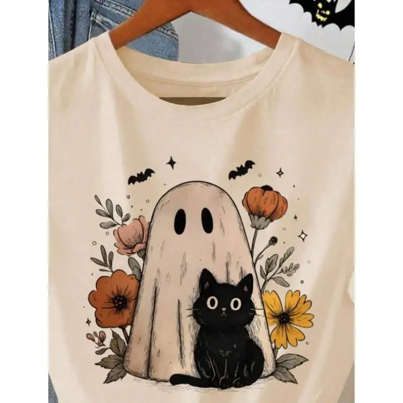 C 852 와이드 로윈 패턴 귀여운 꽃 유령 디자인 크로스보더 캐주얼 스포츠웨어 세트 남성용 가을 7부 바지