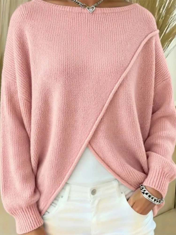New autumn and winter knitted women's round neck slimming sweater solid color casual fashion versatile top