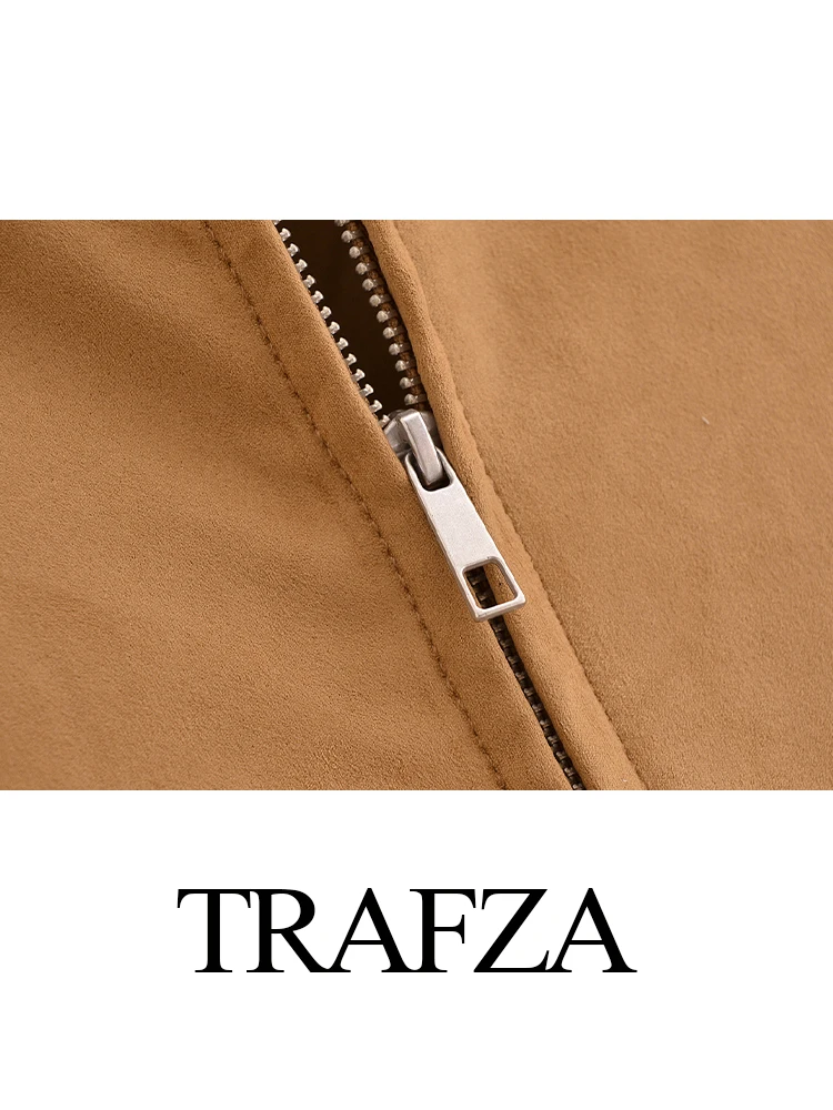 TRAFZA, chaqueta Bomber con efecto de textura de gamuza versátil a la moda para Mujer, abrigo informal de calle con cremallera decorada con bolsillo para Mujer