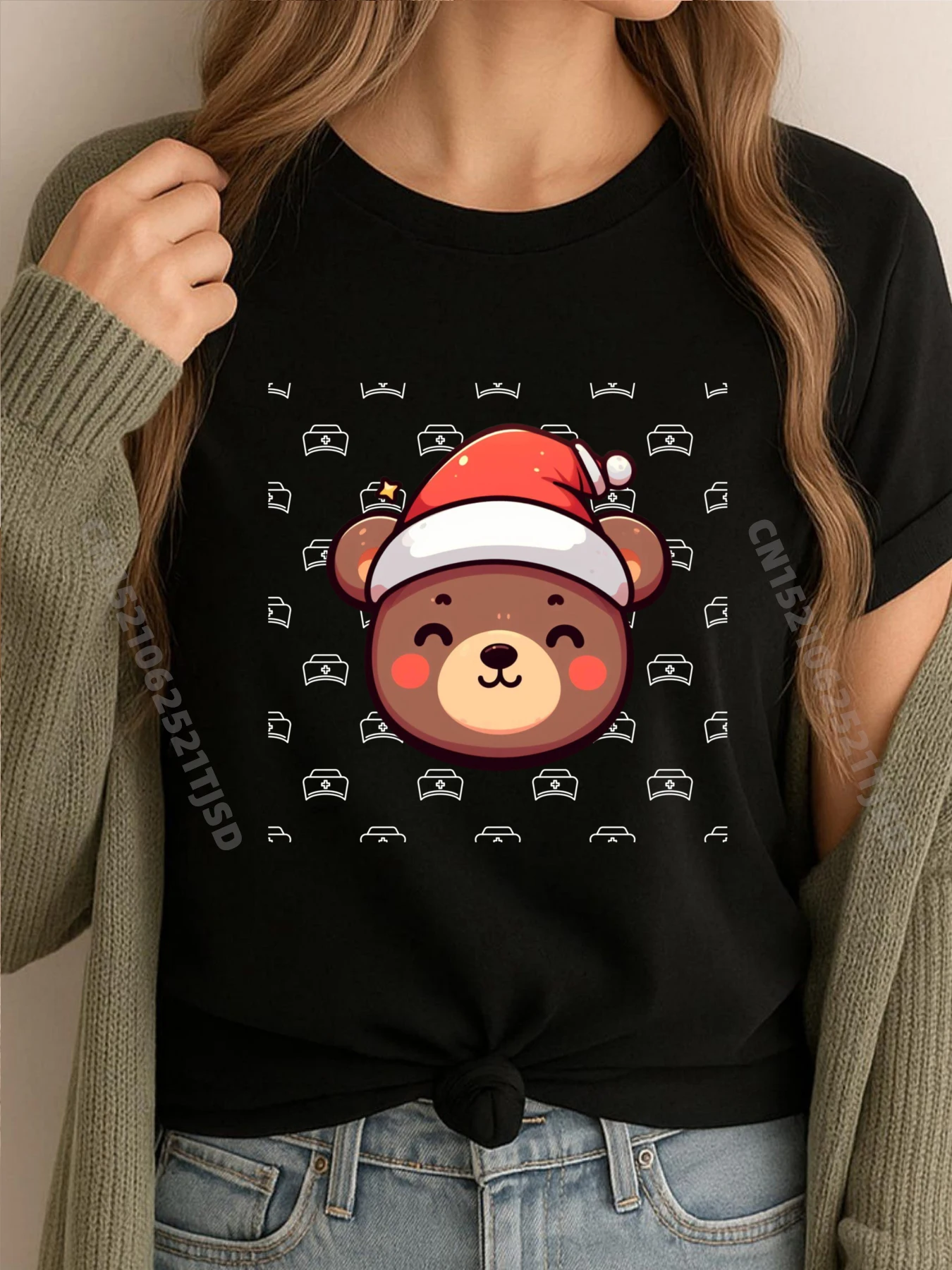 

Одинаковые рождественские женские футболки с сердцебиением медсестры и милым медведем, высокое качество, графические футболки с принтом