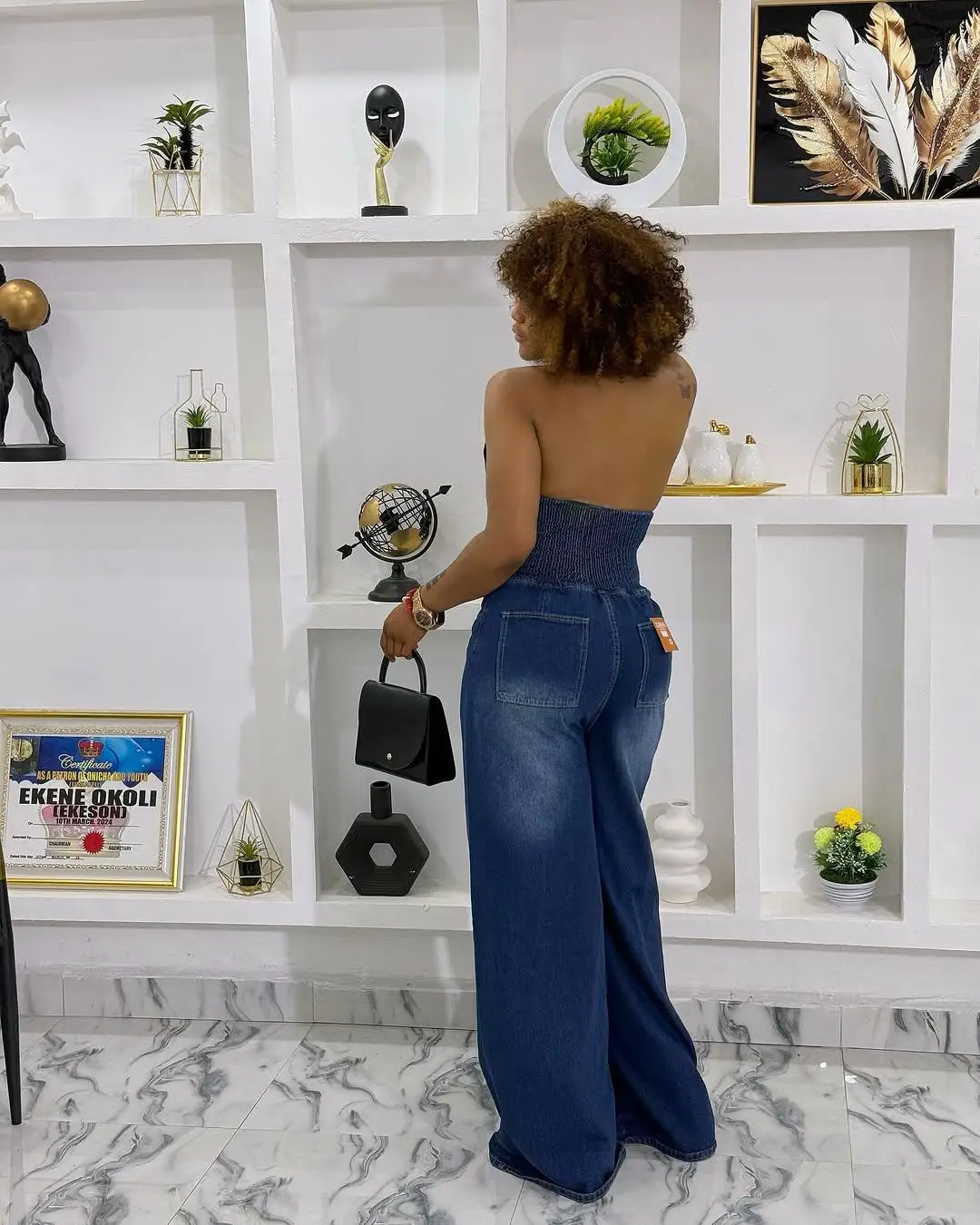 Mono vaquero de pierna ancha con espalda descubierta para mujer, peleles vaqueros informales con cuello vuelto, mono sin mangas, ropa de calle