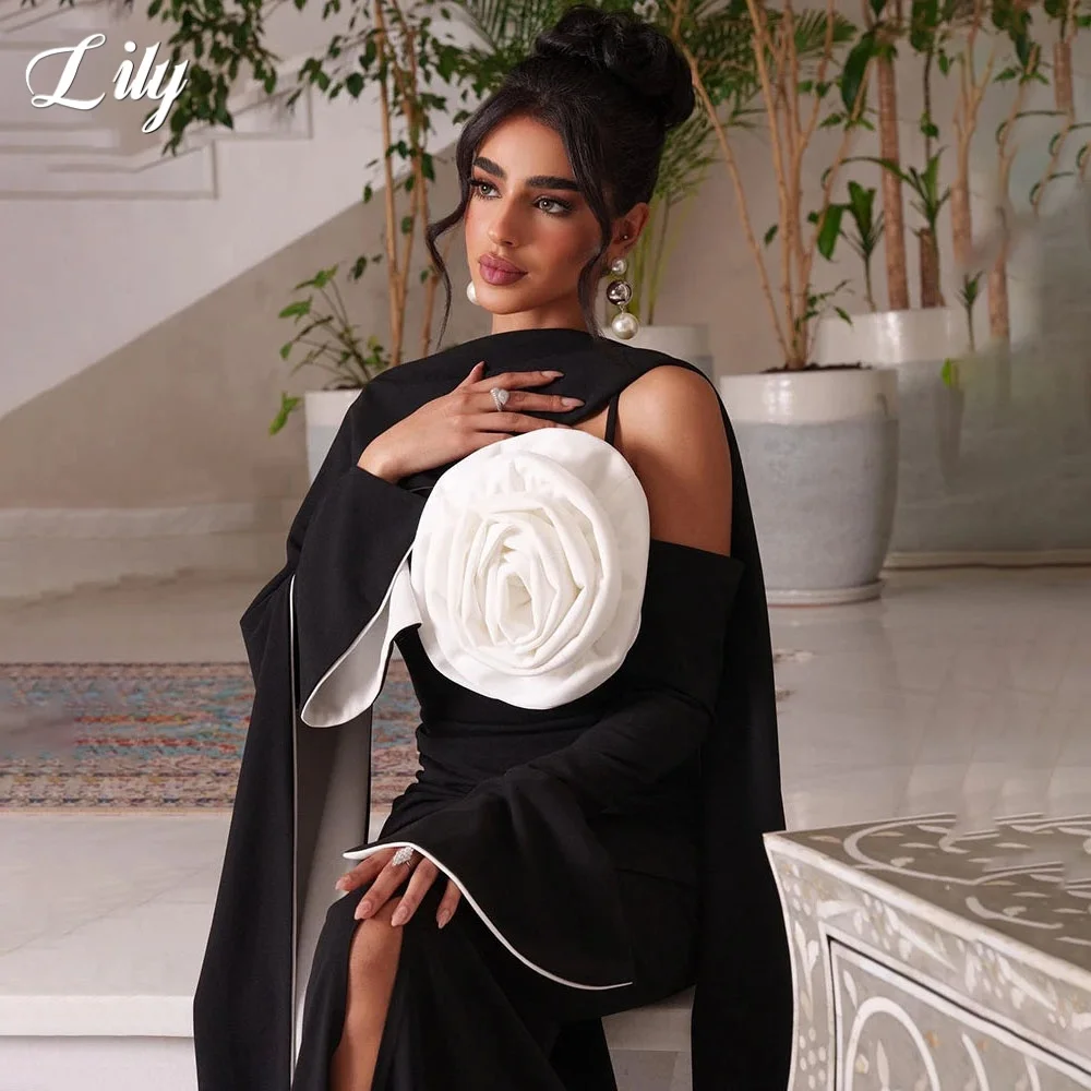 Sukienki wieczorowe Lily Black Satin, fason trąbka, z rozcięciem, z szalem, długość do podłogi, z kwiatami 3D, suknie balowe dla kobiet, szyte na miarę.