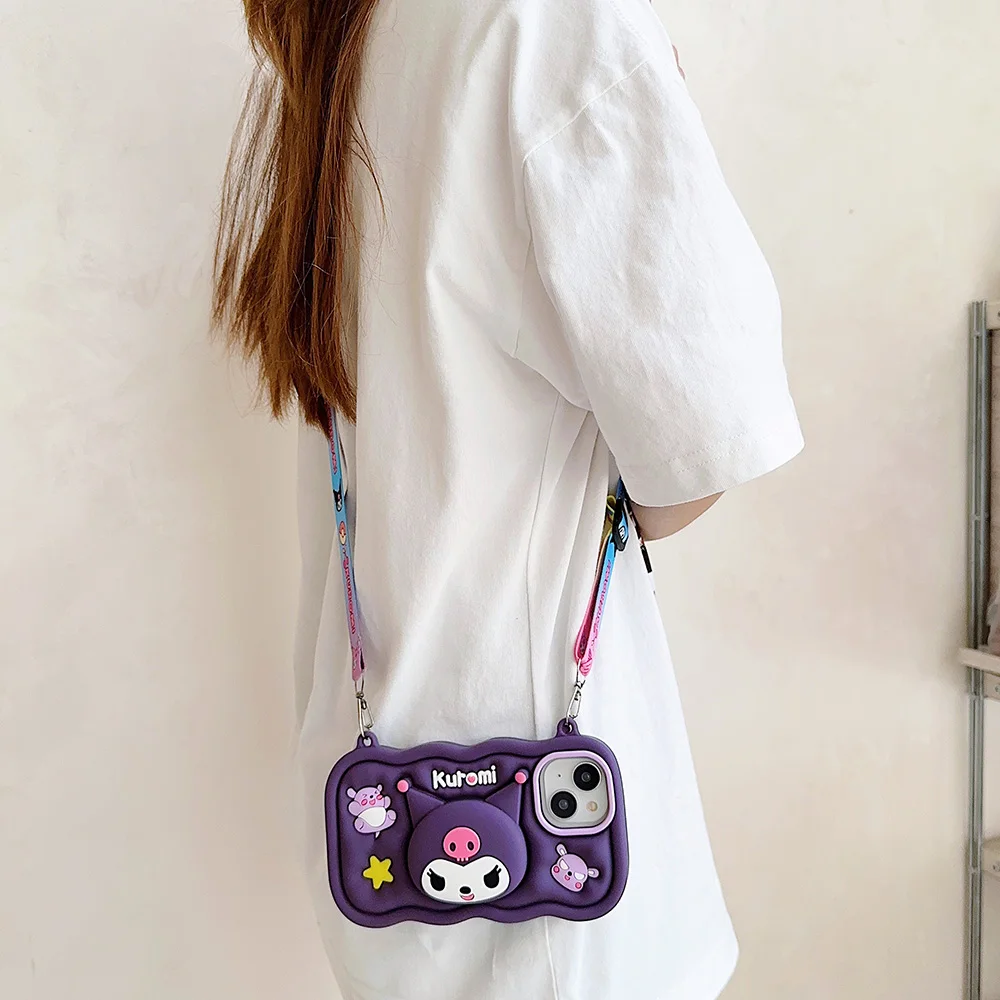 Kwaii Kuromi Hello Kitty Soft Silicone Case For iPhone 16 Plus 15 14 13 12 Pro Max 3D Cartoon Stand Holder Cover With Neck Strap