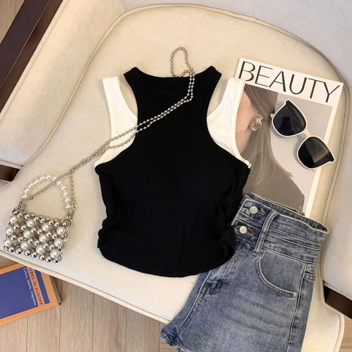 

Винтажный контрастный цвет для маленьких девочек, искусственный жилет из двух предметов, детская одежда без рукавов, летняя майка для малышей в стиле панк для детей от 2 до 14 лет