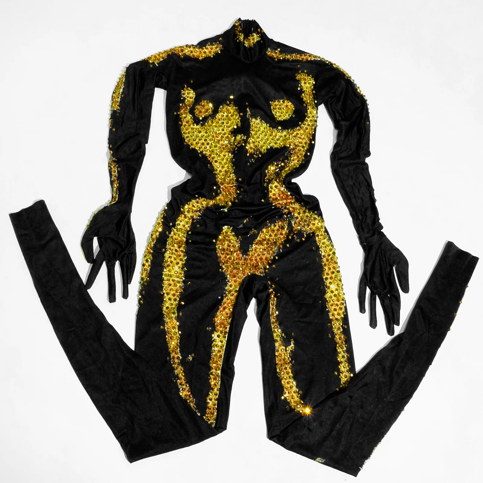 

Sparkling Gold Rhinestone Black Jumpsuit Jazz Dance Singer Bar Stage Wear Performance Nightclub Birthday Party Drag Queen Outfit