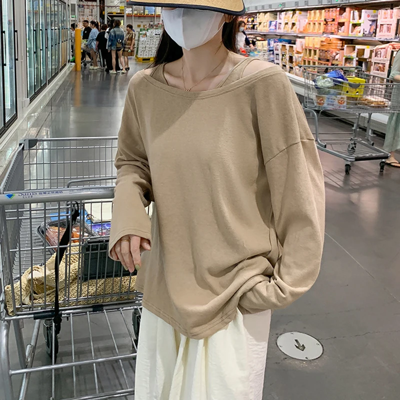 두 조각 정장 여성 긴 소매 들어 갔어 Tshirt 캐주얼 라운드 넥 느슨한 Overshirt 여성 여름 모든 경기 솔리드 컬러 T 셔츠