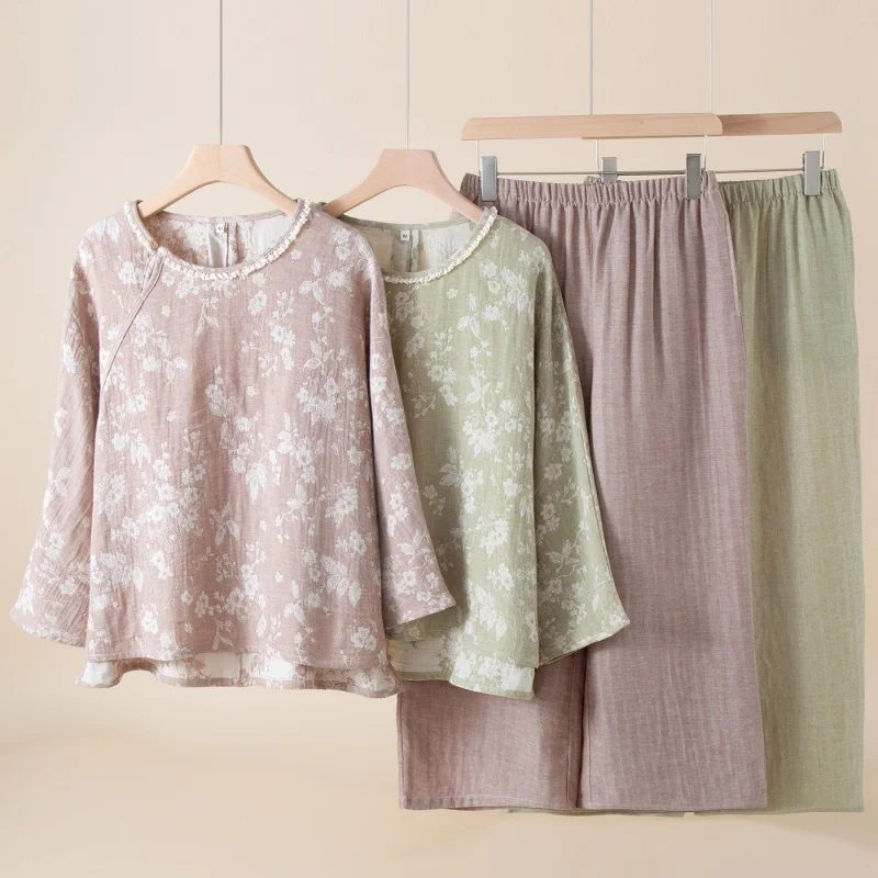 

2pcs Women's Pajama Set Retro Oriental Style Yarn Jacquard Linen Cotton Thin Soft Breathable Casual Loungewear Set For Spring Su
