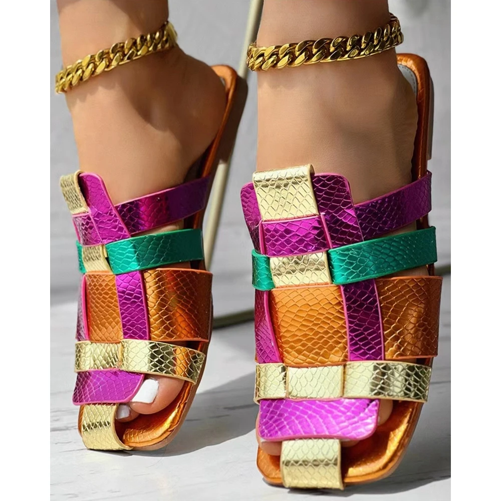 Outdoor Summer Women Rainbow Colorblock Square Toe Beach Slippers Fashion Casual Going Out Flat Sandals Shoes