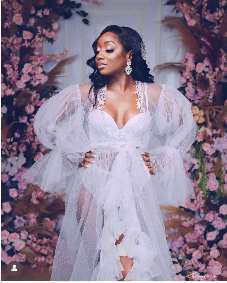 Sexy Illusion Tulle Bride Robe And Nightgown Long Sleeve Lace Bridal Gowns Photo shoot Maternity Dressing Gown for Photography