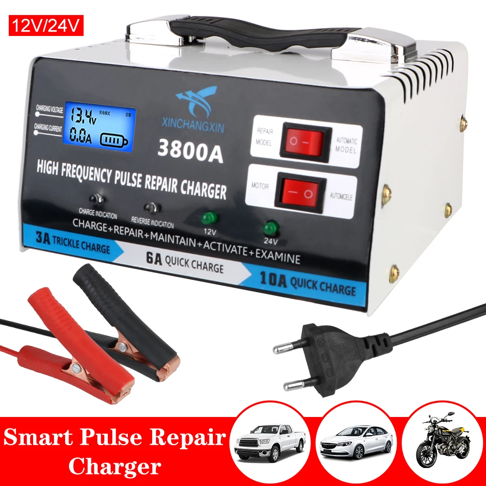 Vollautomatisches Autobatterie-Ladegerät 12V 24V EU-Stecker Reparatur-Batterieladegerät Hochleistungs-Schnellladegerät für Blei-Säure-Batterien