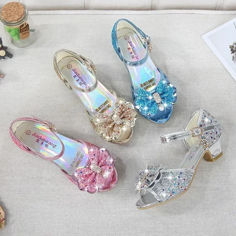 5 colori bambini sandali principessa bambini ragazze scarpe da sposa tacchi alti scarpe eleganti papillon oro rosa blu argento scarpe per ragazze