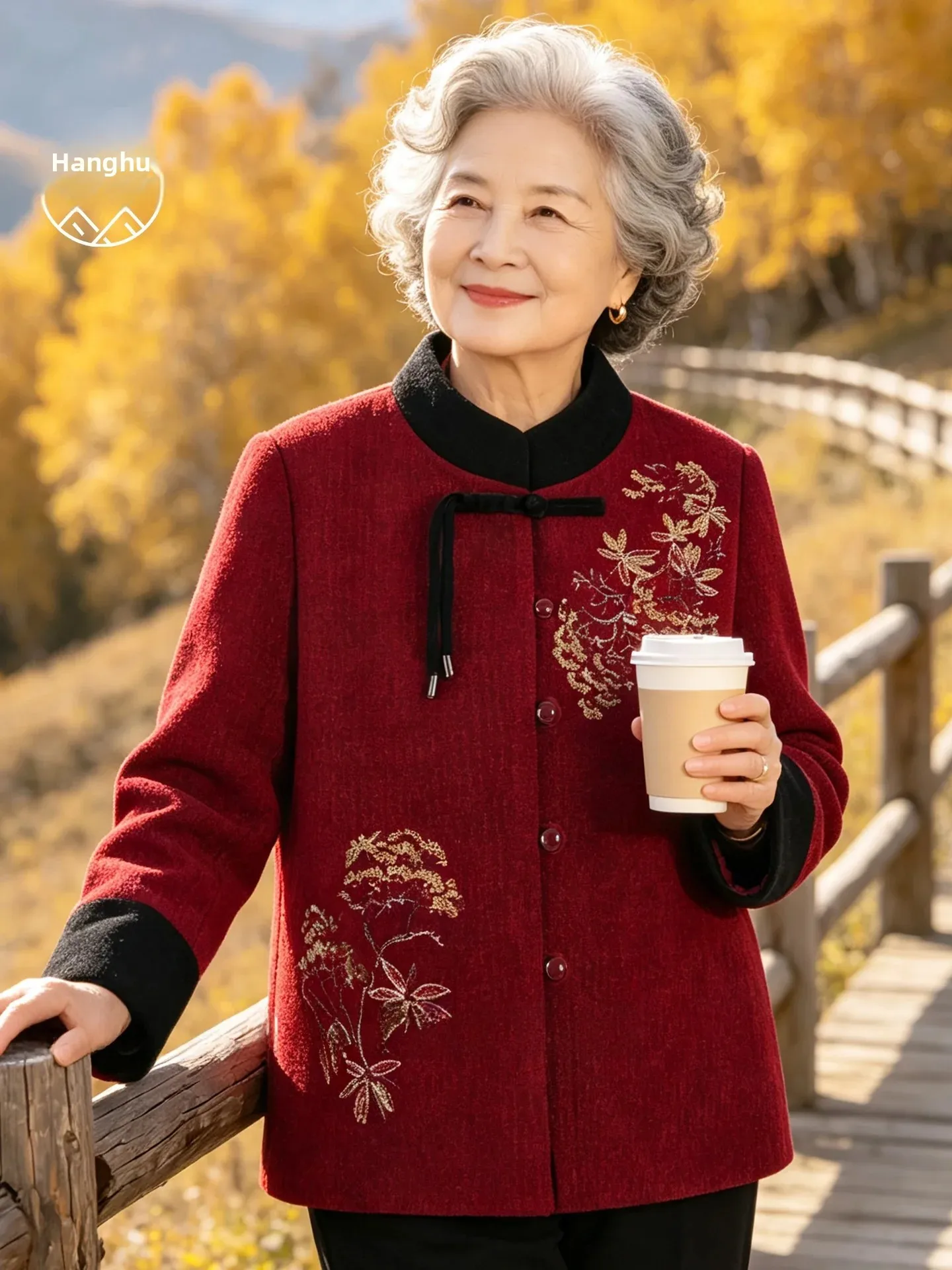 Elegant Embroidered Stand Collar Jacket with Button for Middle Aged And Elderly Women Festive Warm Cotton Coat with Pockets