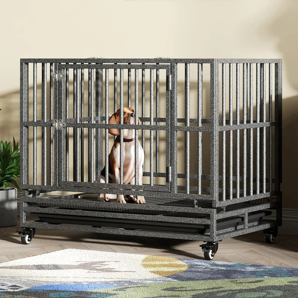 

38/42/46 inch heavy duty oversized kennel cage indoors with separation anxiety locking wheels and removable trays