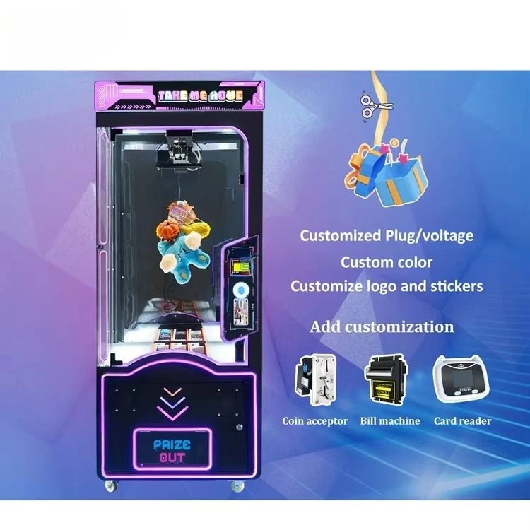Custom pink date cut gift game arcade machine claw machine coin game plush toy