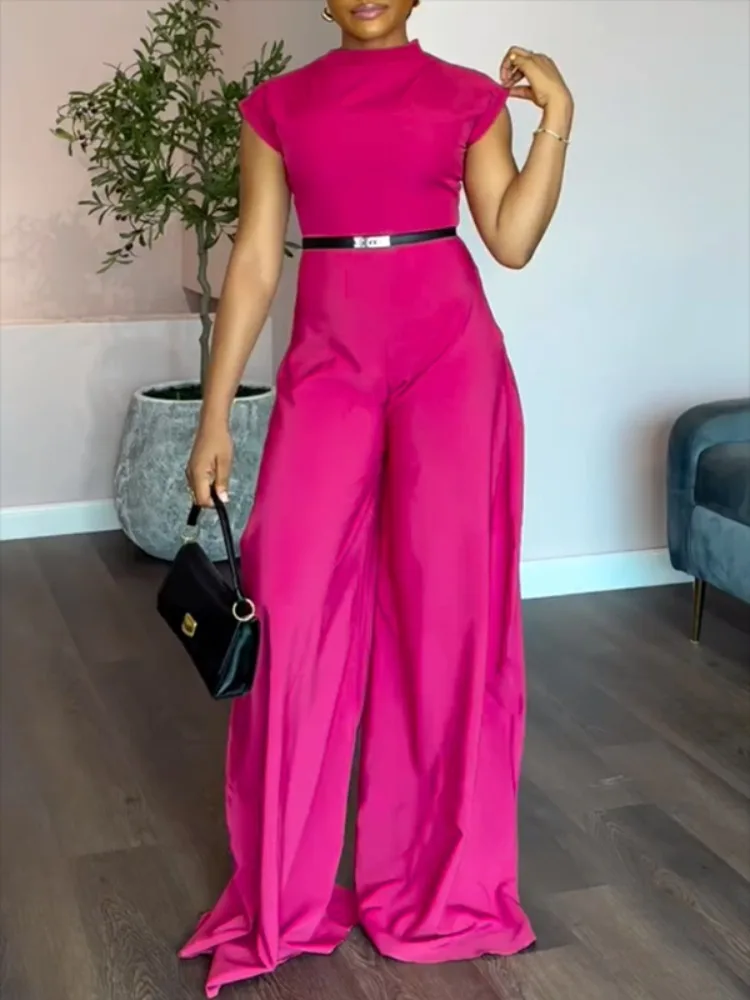 

2026 Summer New Women's Fuchsia Round Neck Sleeveless Belted Waist Wide-Leg Jumpsuit Luxury Formal Party Wear One-piece Suit