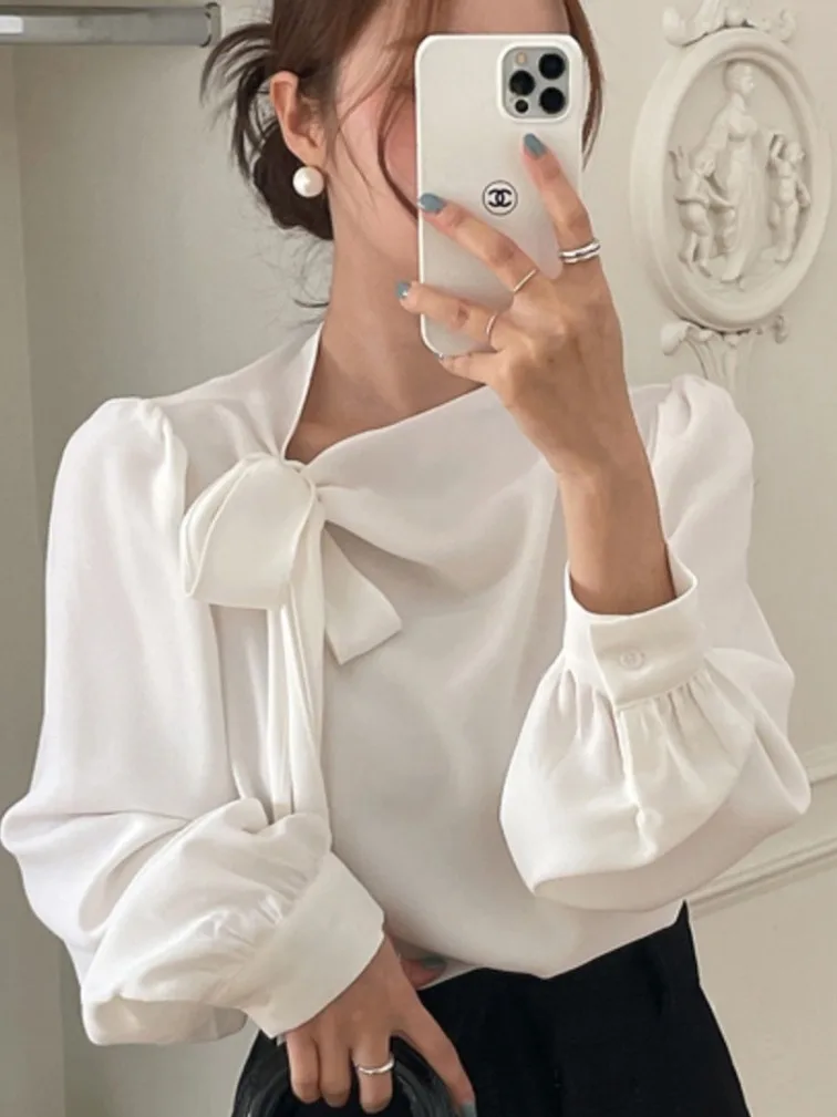 

Ele Knot irt Women's Early Autumn New Gentle Design Base Layer Inner Wear Top Korean Sle Lantern Sve Polyester