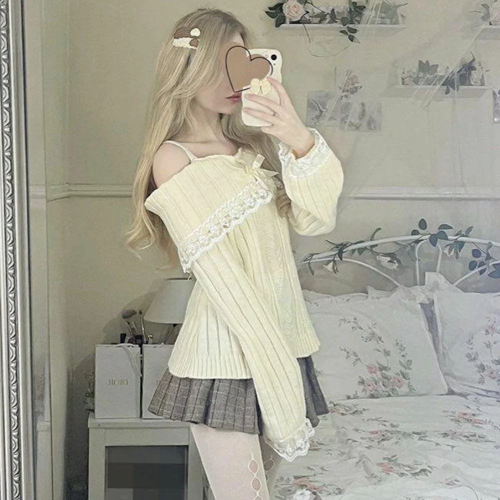 Women's Kawaii Cute Y2k Cold Shoulder Sweaters Long Sleeve Contrast Lace Trim Knitted Pullovers Bow Front Jumper Tops