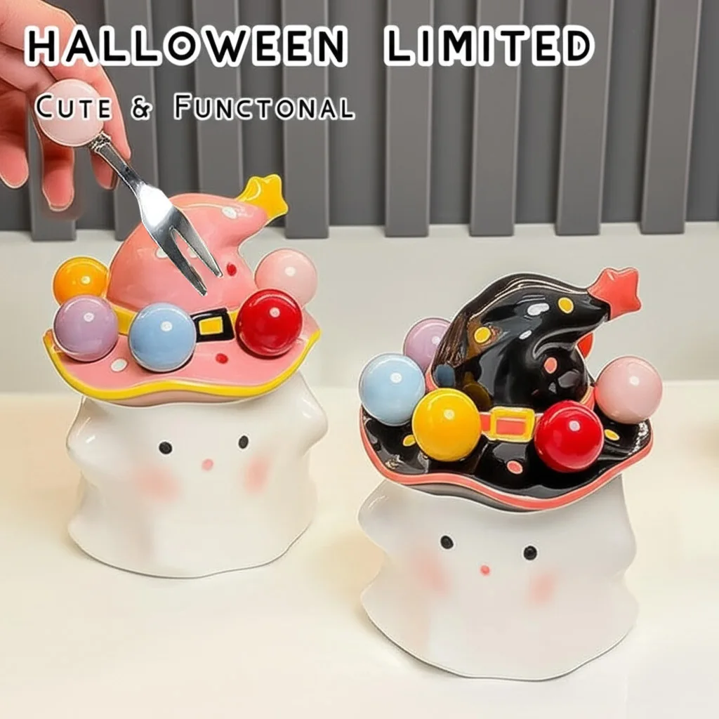 Halloween Ceramic Ghost Jar with Colorful Witch Hat – Cute Decorative Storage Container with Fork Interaction, 2 Colors,