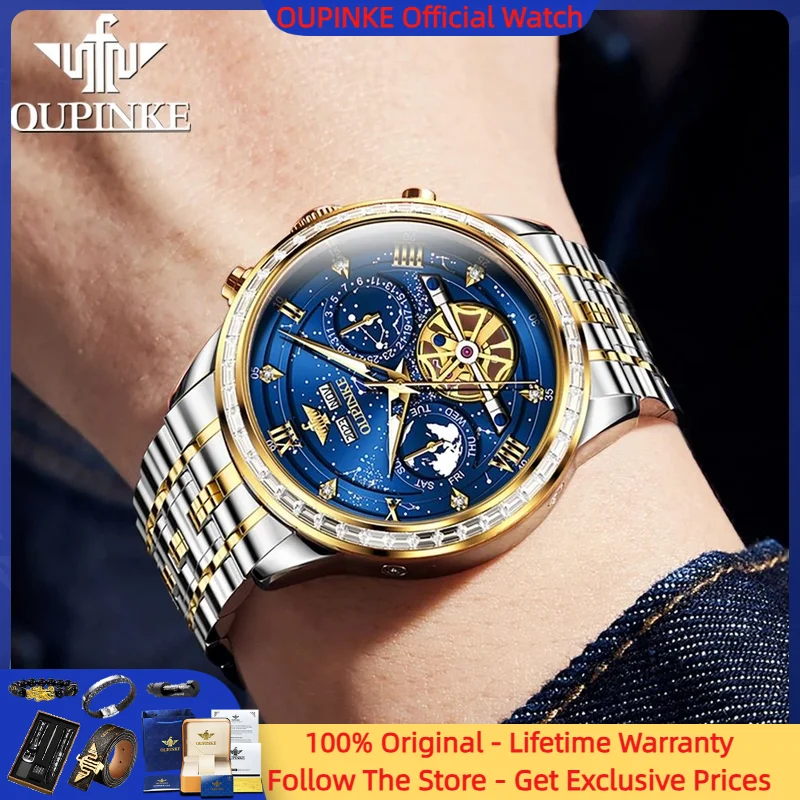 

OUPINKE 3255 Men Watch Luxury Brand Original Multi functional Chronograph Skeleton Starry Sky Men All Automatic Mechanical Watch