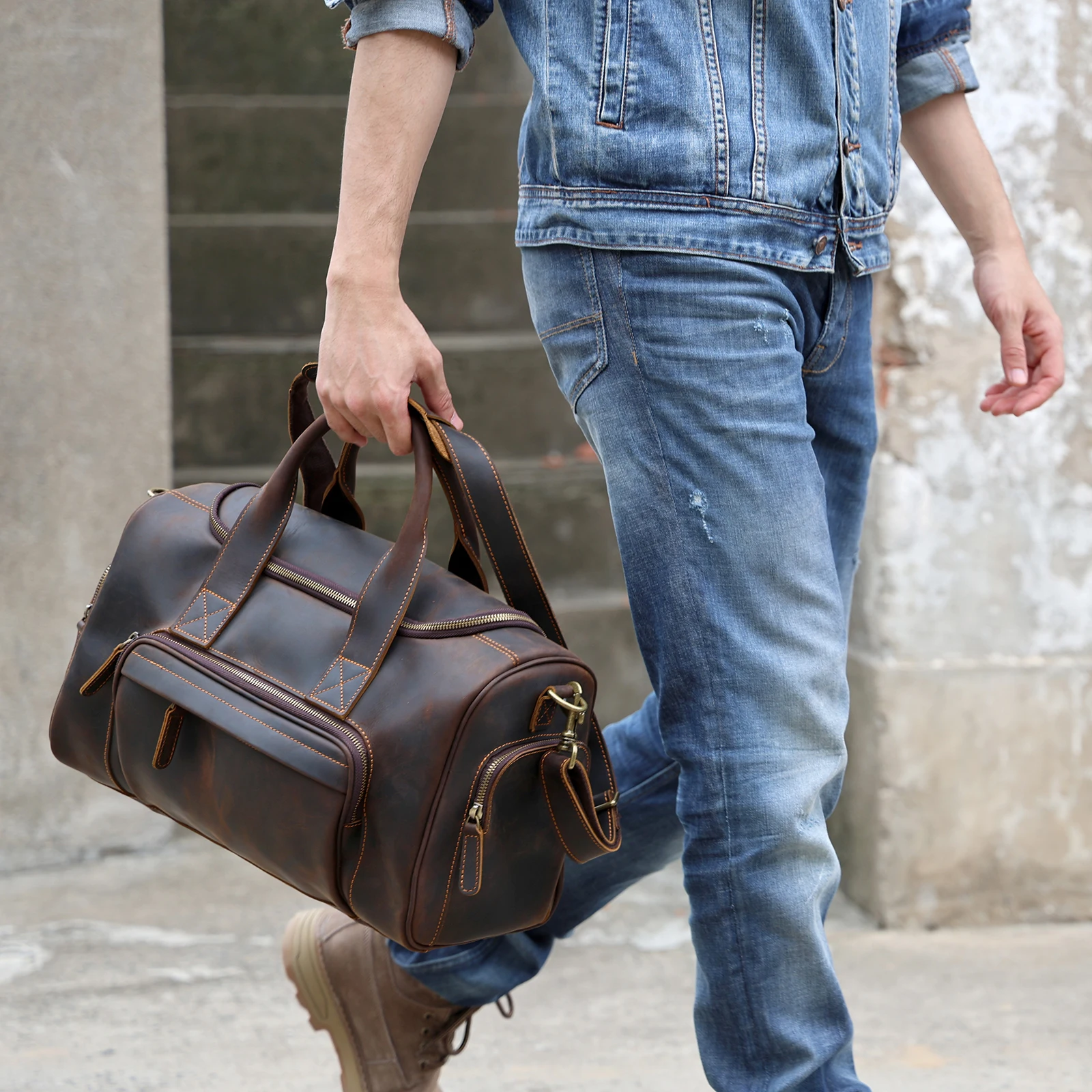 S.WORKER Vintage Echtleder-Reisetasche Crazy Horse Rindsleder-Reisetasche Herren-Weekender-Tasche Sporttasche Handgepäck – Detail 5