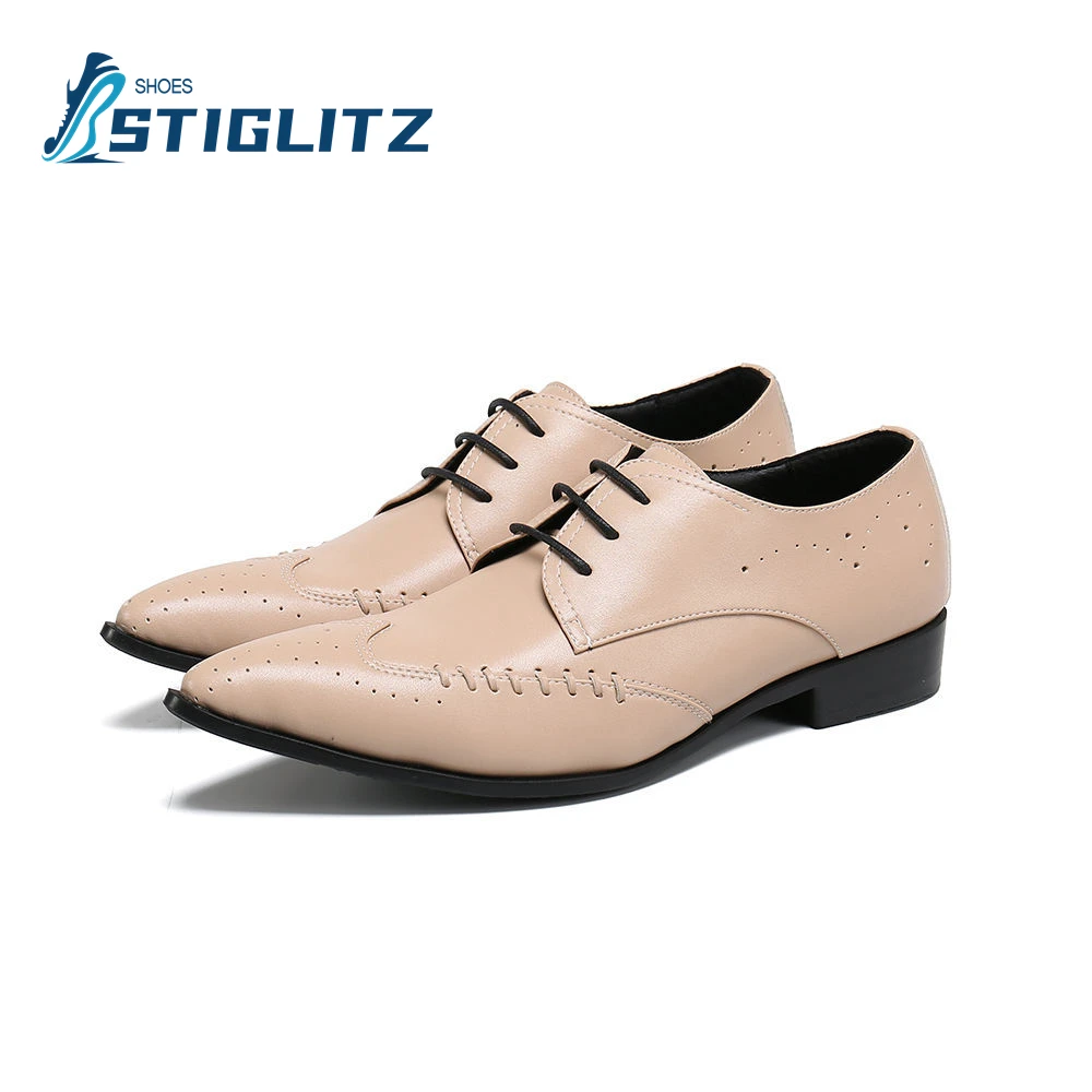 

Men's Business Formal Pointed Leather Shoes Solid Color Genuine Leather Brogue Shoes Handmade Shallow Lace-Up Oxfords Men Shoes