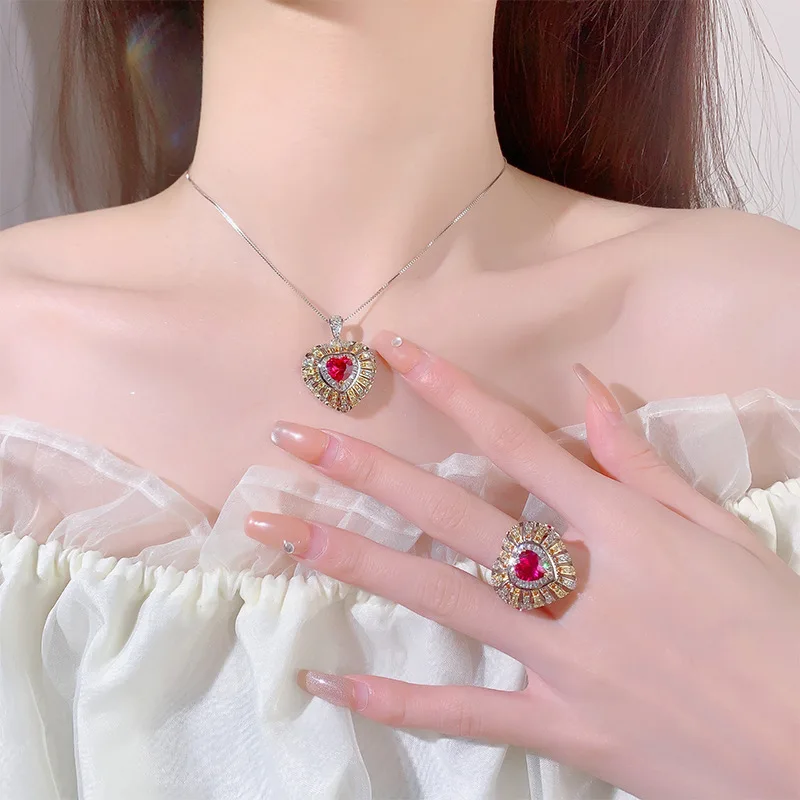 

2024 New Charms Trendy Red 8*8mm Heart Shaped Crystal Adjustable Ring Necklace for Women Jewelry Beautiful Birthday Party Gift