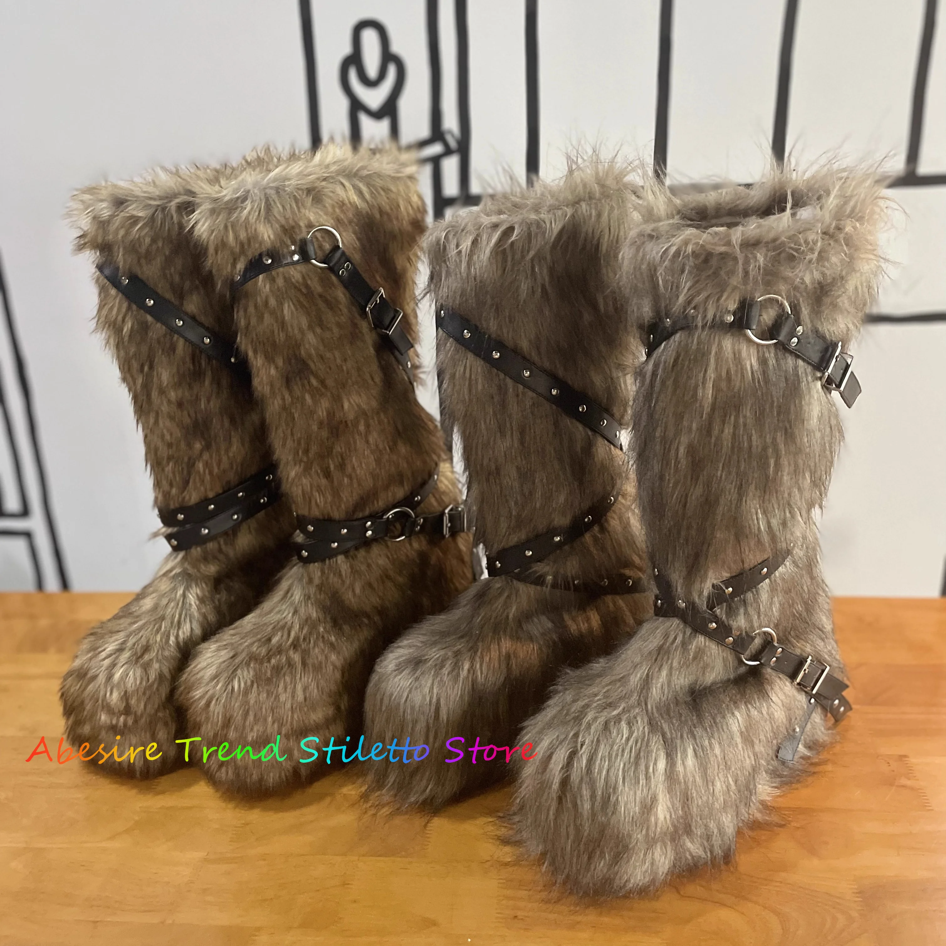 Spicy Girl White Faux Fur Knee High Boot Round Toe Platform Rivet Belt Buckle Thick Sole Fluffy Fuzzy Lady Winter Snow Booties