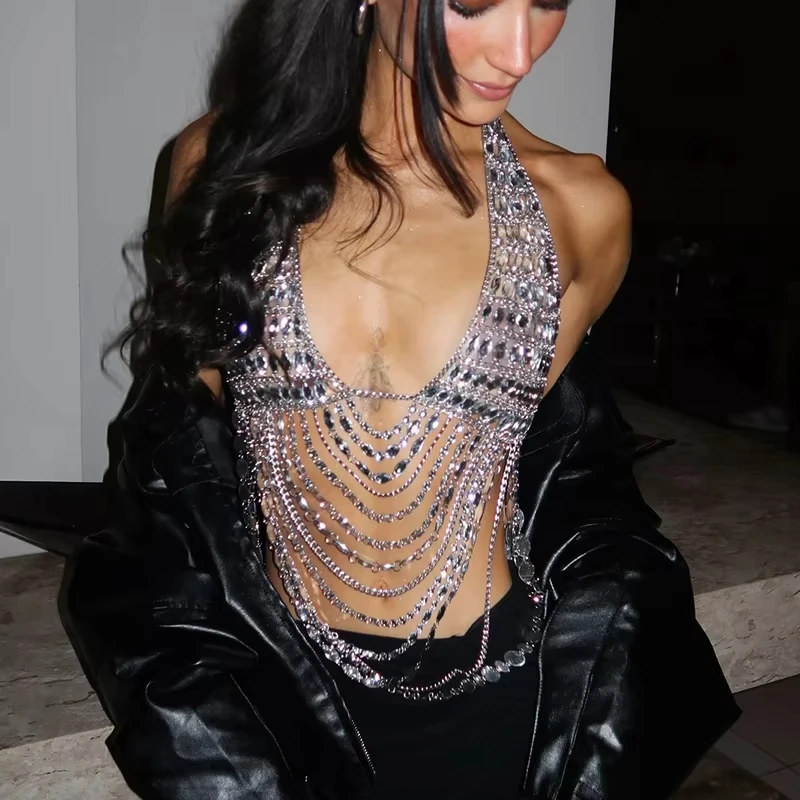 Golden Edged Circular Chain Armor Sequin Suspender Top With Exposed Navel, Sexy Hollowed Out Backless Nightclub Sequin Top