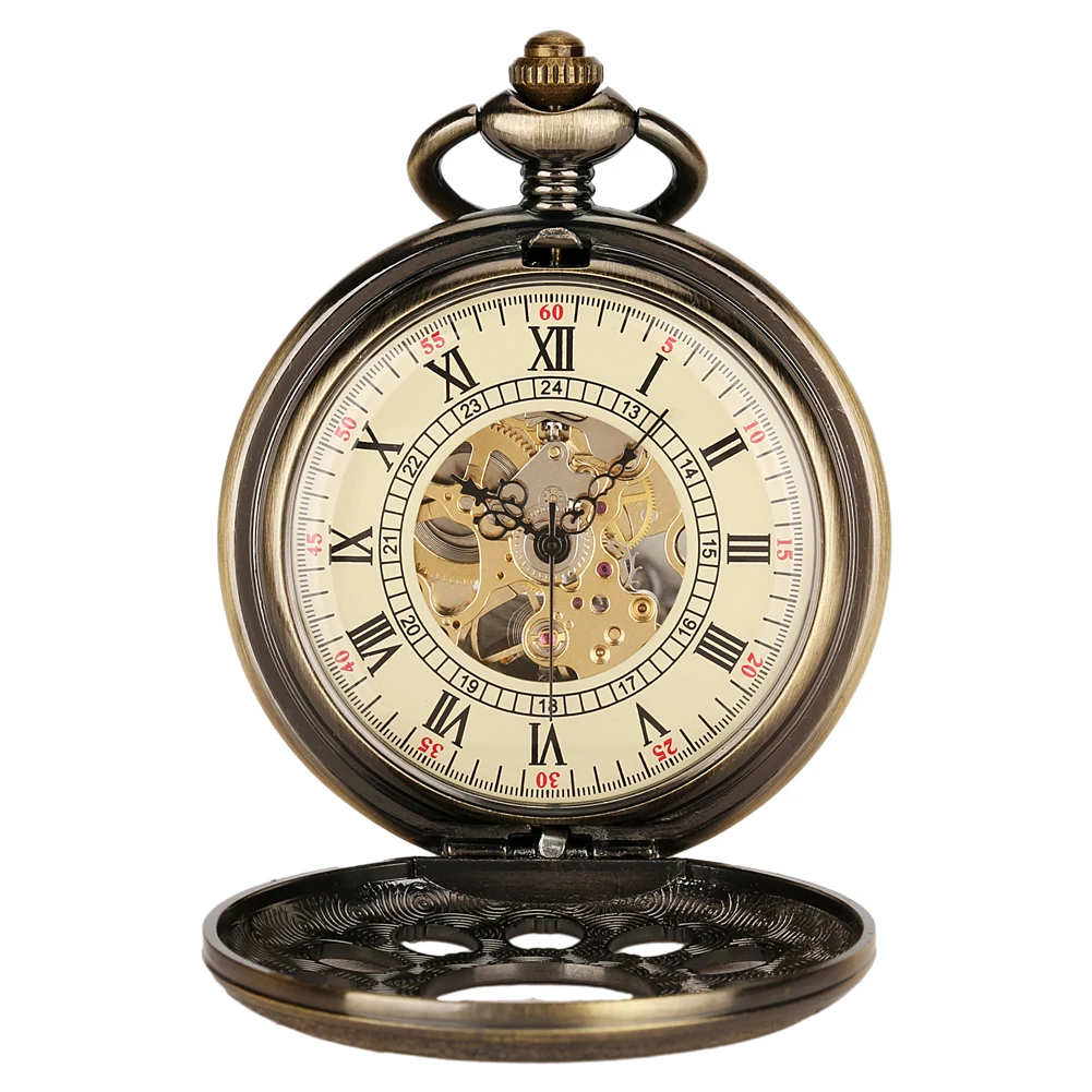 Transparent Hollow Roman Numerals Display Mechanical Pocket Watch Hand-Winding Luxury Vintage Pendant Chain Clock Gift Male